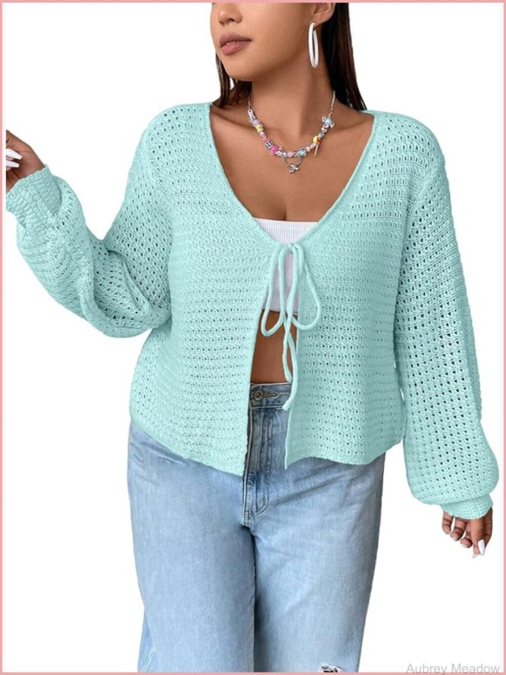 Plus Size Cardigan Hollow Out Open Knit Front Tie Shrug L-4XL